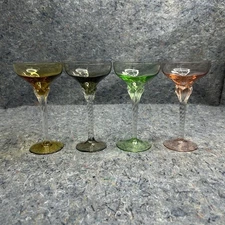Set of 4 Vintage Cordial Glasses Twisted Stem Multicolor Art Style Glass