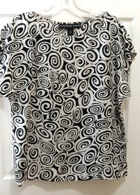VTG JOSEPHINE CHAUS Womens Silk Short Sleeve Top Sz 8 Black White Geometric Art
