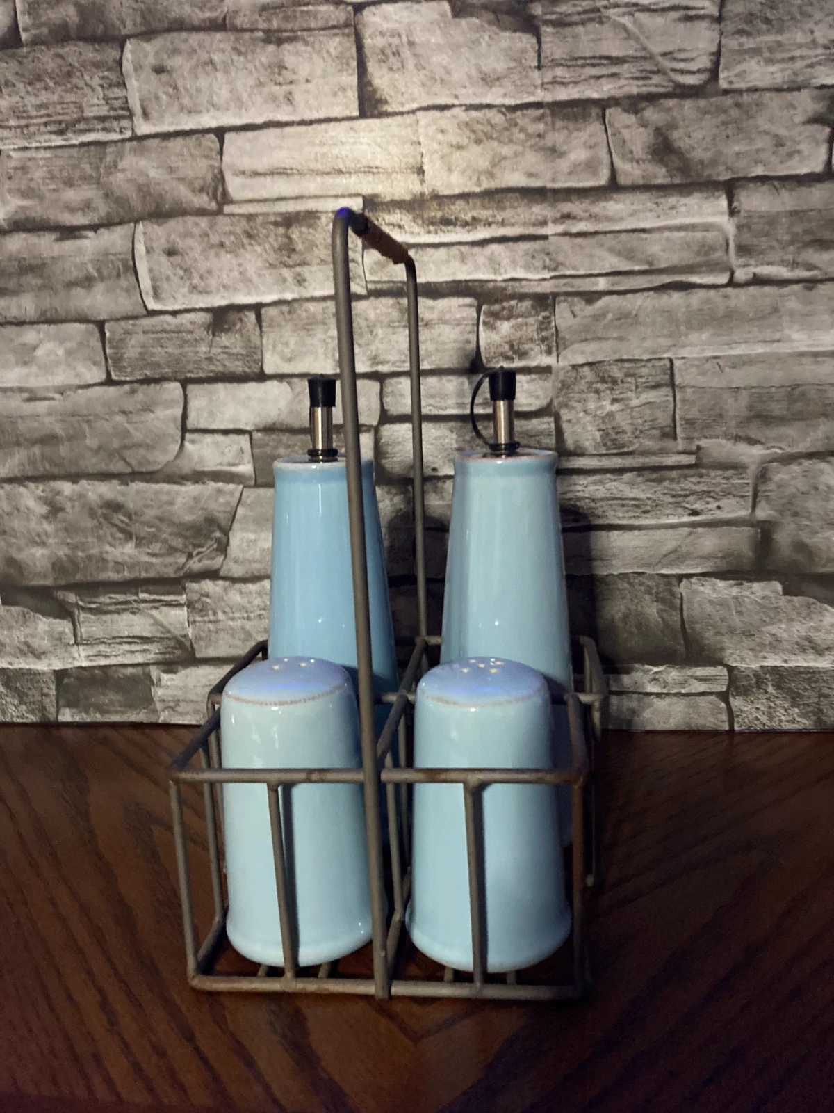 Inno-Art Teal Blue Ceramic Cruet Salt & Pepper 5 Piece Set inc. Metal Caddy