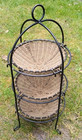 3 TIER WROUGHT IRON & WICKER BASKETS STAND. (BASKETS ARE REMOVABLE) VINTAGE