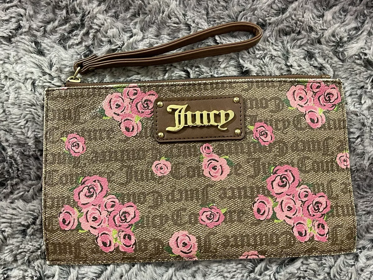 Juicy Couture Wristlet Clutch Purse Chestnut Pink Roses Floral Design