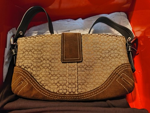 Vtg Coach Signature Series Sm Print Suede Canvas Handbag Never Used Original Box - Picture 3 of 6