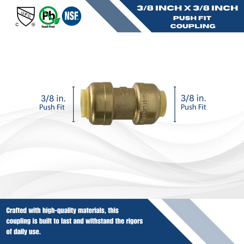 100 Pcs XFITTING 3/8" X 3/8" PUSH FIT COUPLING - LEAD FREE BRASS - Picture 3 of 6