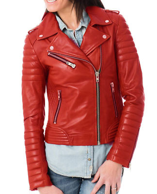 Damen Echt Lammleder Leder Rot Biker Motorrad Jacke Lady Steppmantel