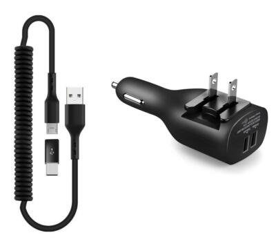 2-IN-1 CAR HOME CHARGER COILED USB CABLE MICRO-USB TO USB-C for PHONES & TABLETS