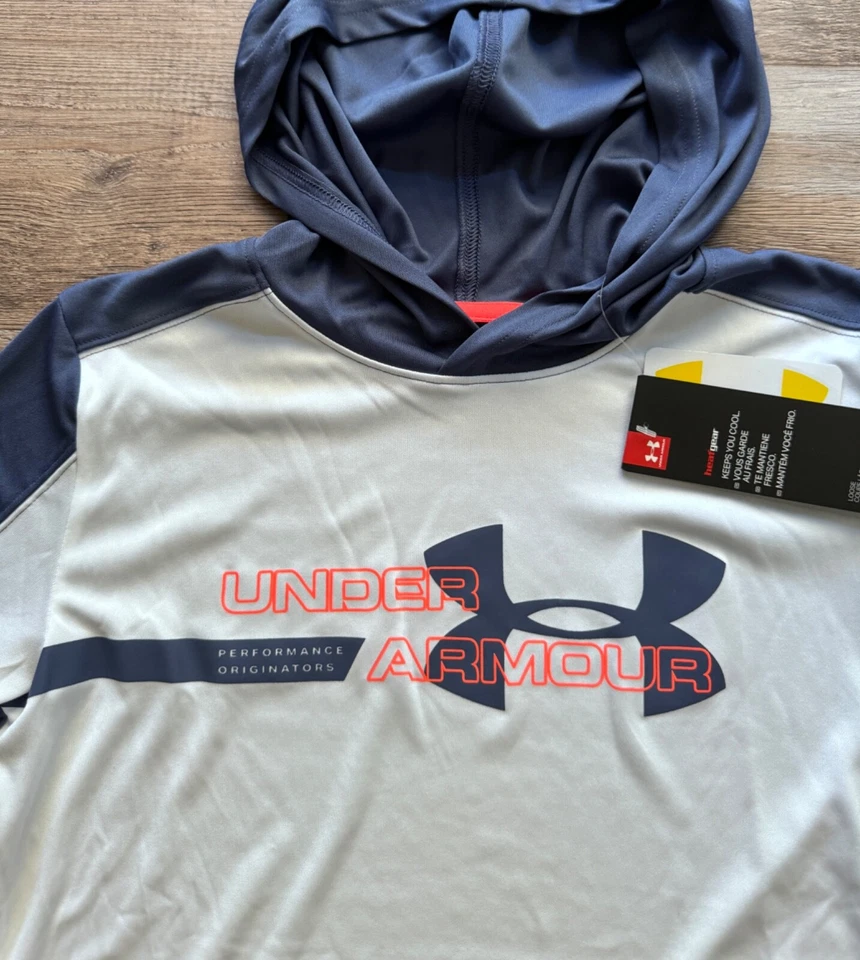 全新带标签 Under Armour 男孩 YXL 蓝色/白色连帽连帽保暖衬衫 XL — 第 2/2 张图片