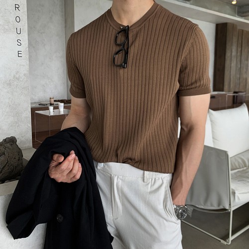 Camiseta de verano para hombre manga corta tejida elástica estilo coreano suelta top informal camiseta - Imagen 13 de 22