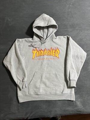 Thrasher Flame Logo Hooded Sweatshirt Hoodie Size Small Grey