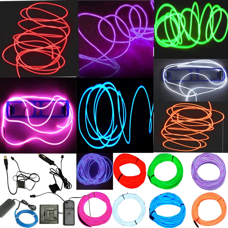 Neon LED Light Glow EL Wire String Strip Rope Tube Decor Car Party + Controller - Image 2 of 4