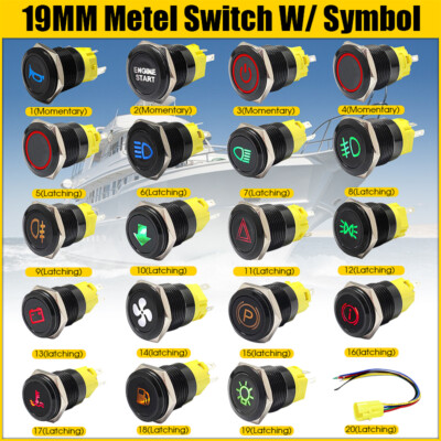 LED 19mm Horn Push Button Switch Momentary Metal Symbol for Car Boat 12V 24V