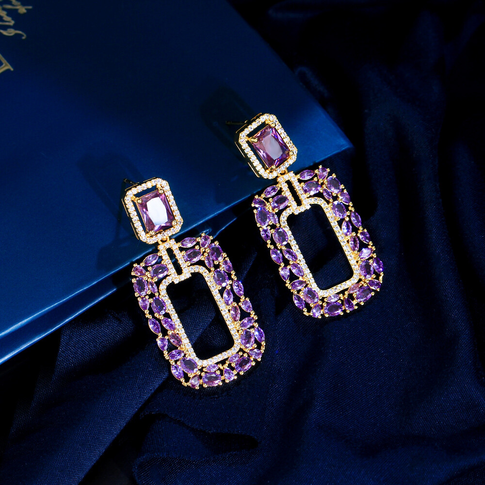 Gold Plated CZ Purple Rectangle Drop Earrings Women Cubic Zirconia Party Jewelry
