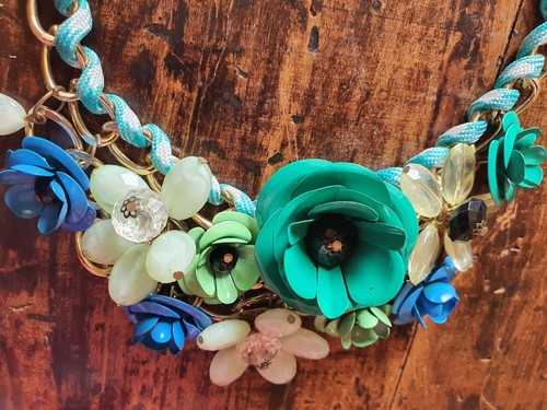 Collana ESTIVA πΈ FIORI π ROSE metallo VERDE π’ BLU π΅ perline CATENINA collier - Foto 6 di 15