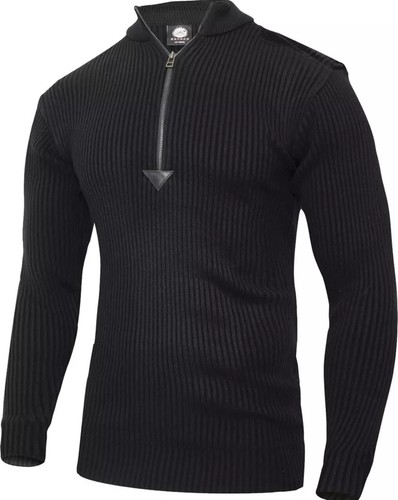 Black Acrylic Commando Military Quarter Zip Sweater with Suede Patches - Size M - Picture 2 of 5
