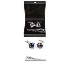 Globe Earth Really Spins Cufflinks and Tie Bar Clip Wedding Gift Box Free Ship