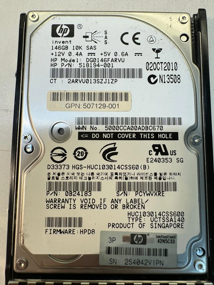 HP DG0146FARVU HGS-HUC103014CSS60 518194-001 0B24183 146GB 10K SAS 2.5" HDD - Image 2 of 4