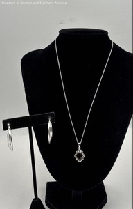 925 Sterling Silver Necklace w/Faux Stone Pendant & Hoop Earrings 6.79g