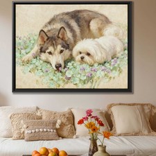 Watercolor Painting Dog Canvas Print Floral Dog Artwork Husky Living Room Decor