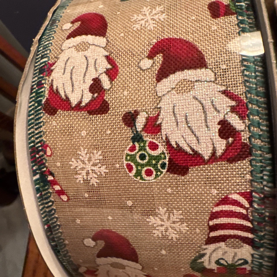 Christmas Gnomes Glittered Wire-Edged Ribbon Roll - 2.5" x 50 yds - New - Image 4 of 4