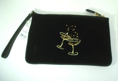 NWT Talbots BLACK VELVET Gold Sequin TOASTING GLASSES Wristlet LOFT