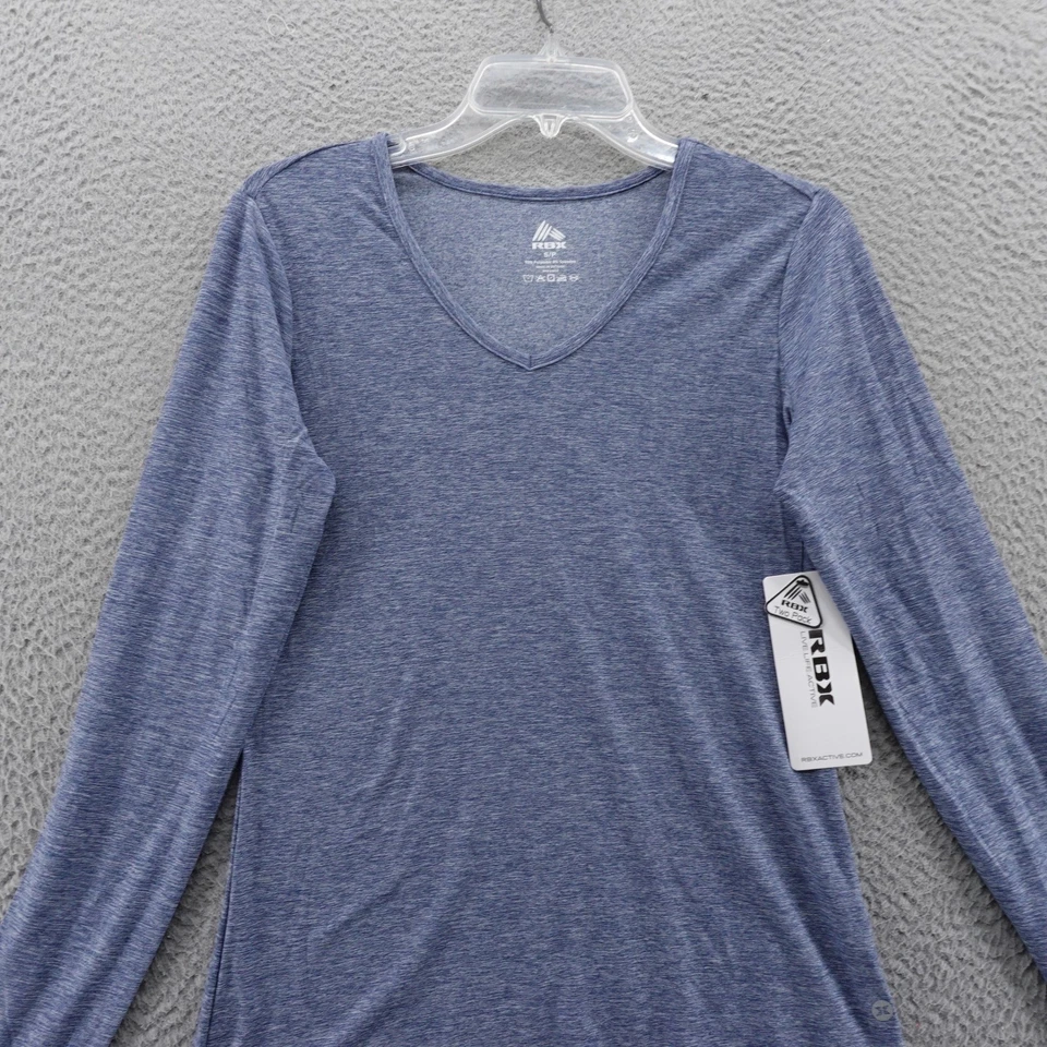 Top deportivo RBX para mujer manga larga cuello en V azul jaspeado talla pequeña NUEVO Foto 4 de 4