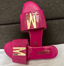 Moschino Women  s Pink/Gold Leather Slide Sandals Gold Logo Slip-On US 8