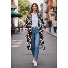 Must Have Womens Black White Abstract Print Duster Kimono Jacket Size M