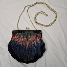 Vintage La Regale Ltd. Beaded Black Evening Bag Gold Chain Fancy Enamel Trim