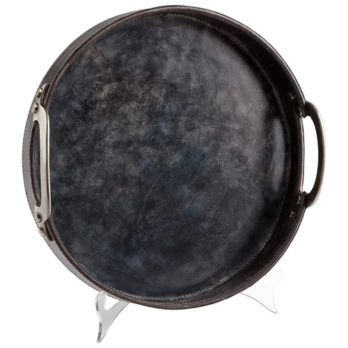 Grey Roughft. N Ready 14.25 Inch Diameter Leather and Wood Tray Made in India - Picture 1 of 1