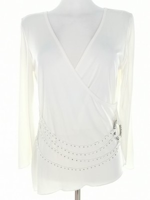 TIA Damen Wickelbluse Gr. 40 Creme Langer Ärmel Kristalle Einfarbig V-Ausschnitt