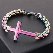 Hot Men 8mm Stainless Steel Square Rolo Box Chain Bracelet Cross Charm Bangle