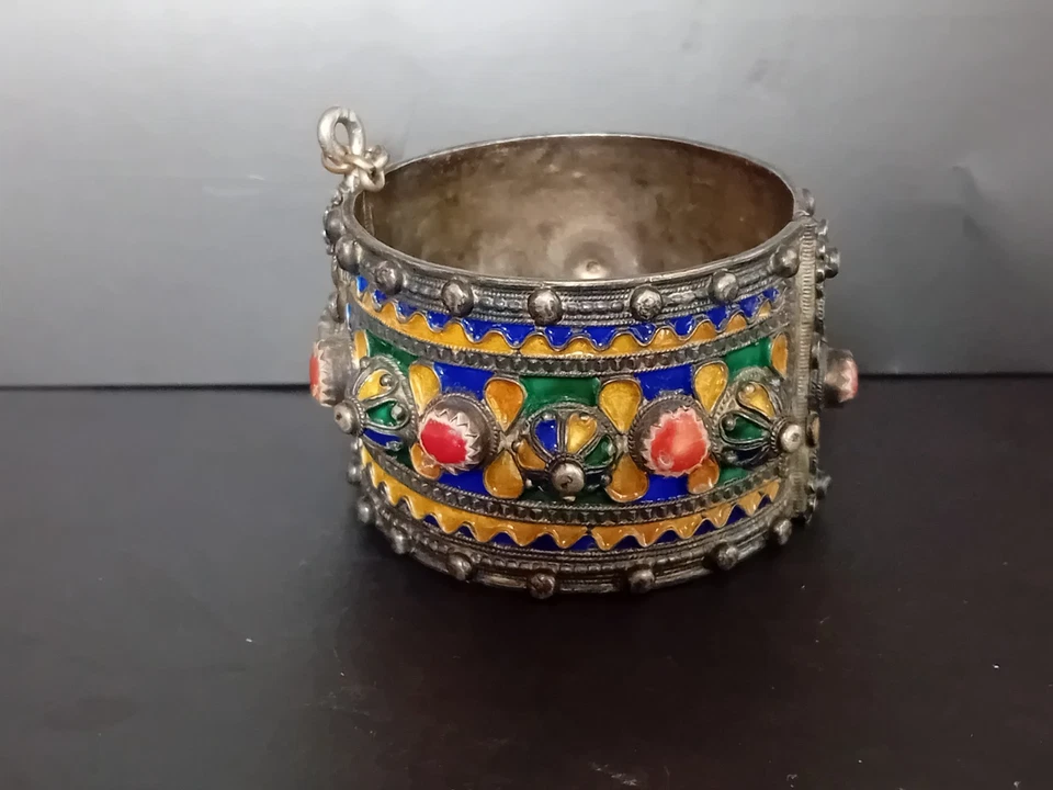 Bracelet berbère kabyle éthnique émaillé argent massif 19ème ethnic solid silver - Photo 4/4