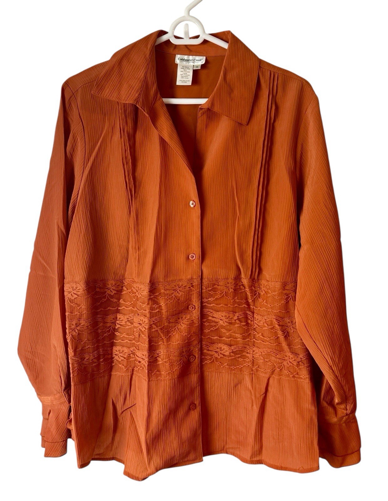 Cold Water Creek Women’s Size XL Blouse Orange Rust Lace Details Pintucks
