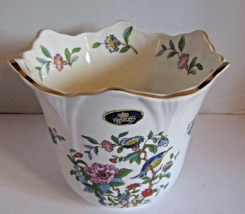 Aynsley  6" Victorian Cachepot Pembroke Gold Trim Birds And Flowers Pot