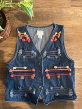 Vintage 90s Susan Bristol Denim Vest Rope Colorful Cottagecore Sz M EUC
