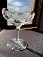 Unk Maker Clear Gray Wheel Cut Butterfly Floral Tall Champagne UNK4913 Repaired