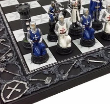 Medieval Times Crusade Blue & White Armored Maltese Knight Chess Set w/17" Board