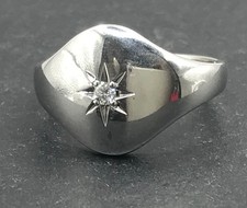 9ct white gold diamond solitaire signet ring, star set, UK size R, 6.1g, Natural