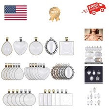 60Pcs Pendant Trays, Bezel Pendant Trays Blanks with Glass Cabochons for Pend...