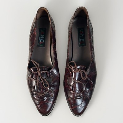 VTG 90s VANELI Brown Croc Embossed Leather Lace Up Oxford Flats Womens 9.5M