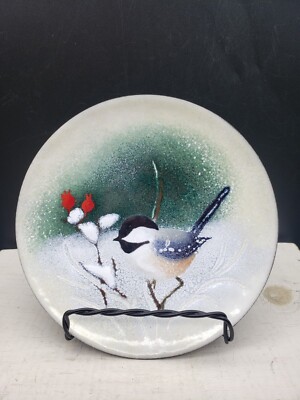 Norman Brumm Enamel on Copper Chickadee Bird Decorative Plate Signed 6''