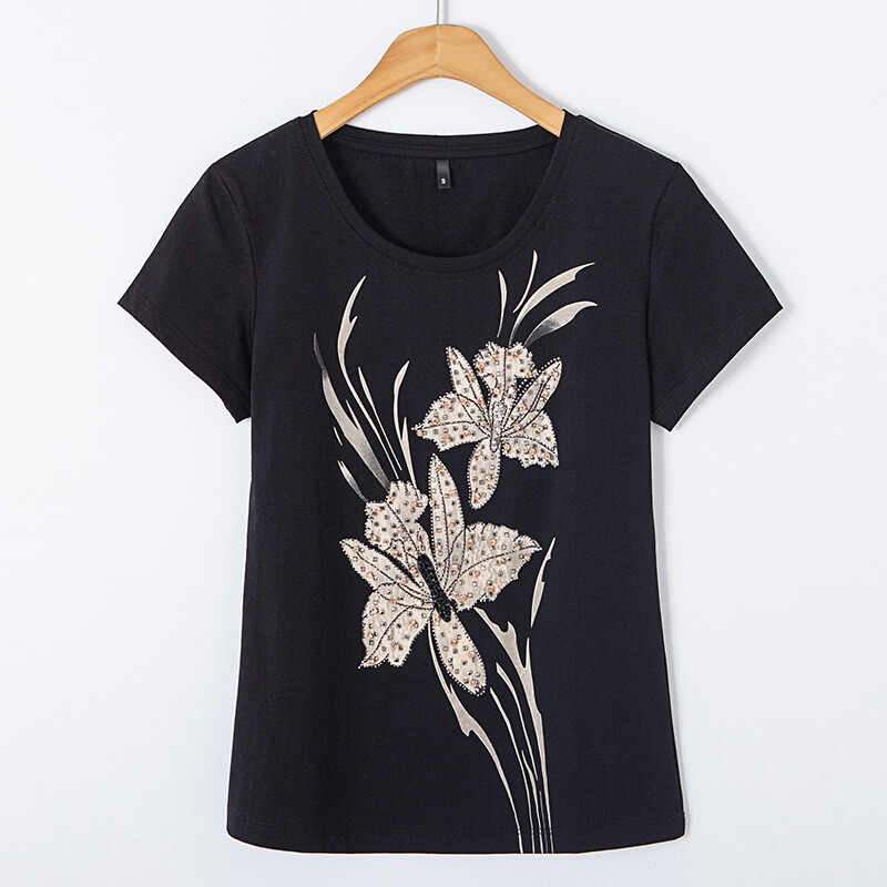 Women Girl Embroidered Floral T-shirt Cotton Blend Crew Neck Short Sleeve Top image 10