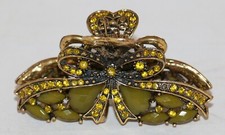 Antique Gold Tone Hearts Ribbon Metal Hair Clip with Green Glass "Stones"