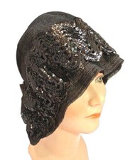 Deco Black Sequined Straw Cloche Vintage Original 1920's Asymetric