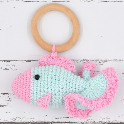 Animal Shape Crochet Rattle Cum Soft Toy for Kids Fish - Pink, Gifting Piece