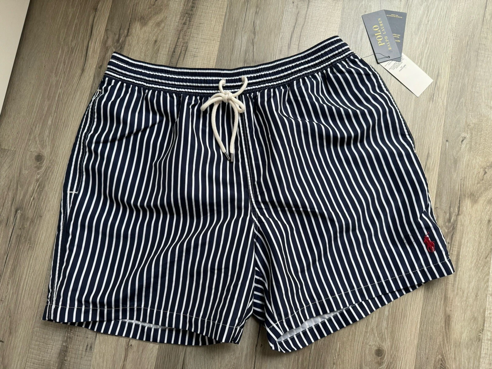 New Mens Ralph Lauren Travel Bengal Striped Navy White Size S Swim Shorts