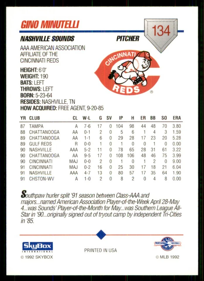 1992 SkyBox AAA Gino Minutelli Nashville Sounds #134 - Image 2 of 2
