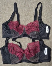 Adore Me Size 40DD Unlined Sheer Black Burgundy Lace Underwire Bra Lot of 2 READ