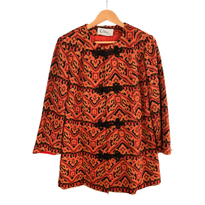 Elka Couture Vintage Mantel Herbsttöne Muster mit schwarzen Pankou Knoten UK Größe 1