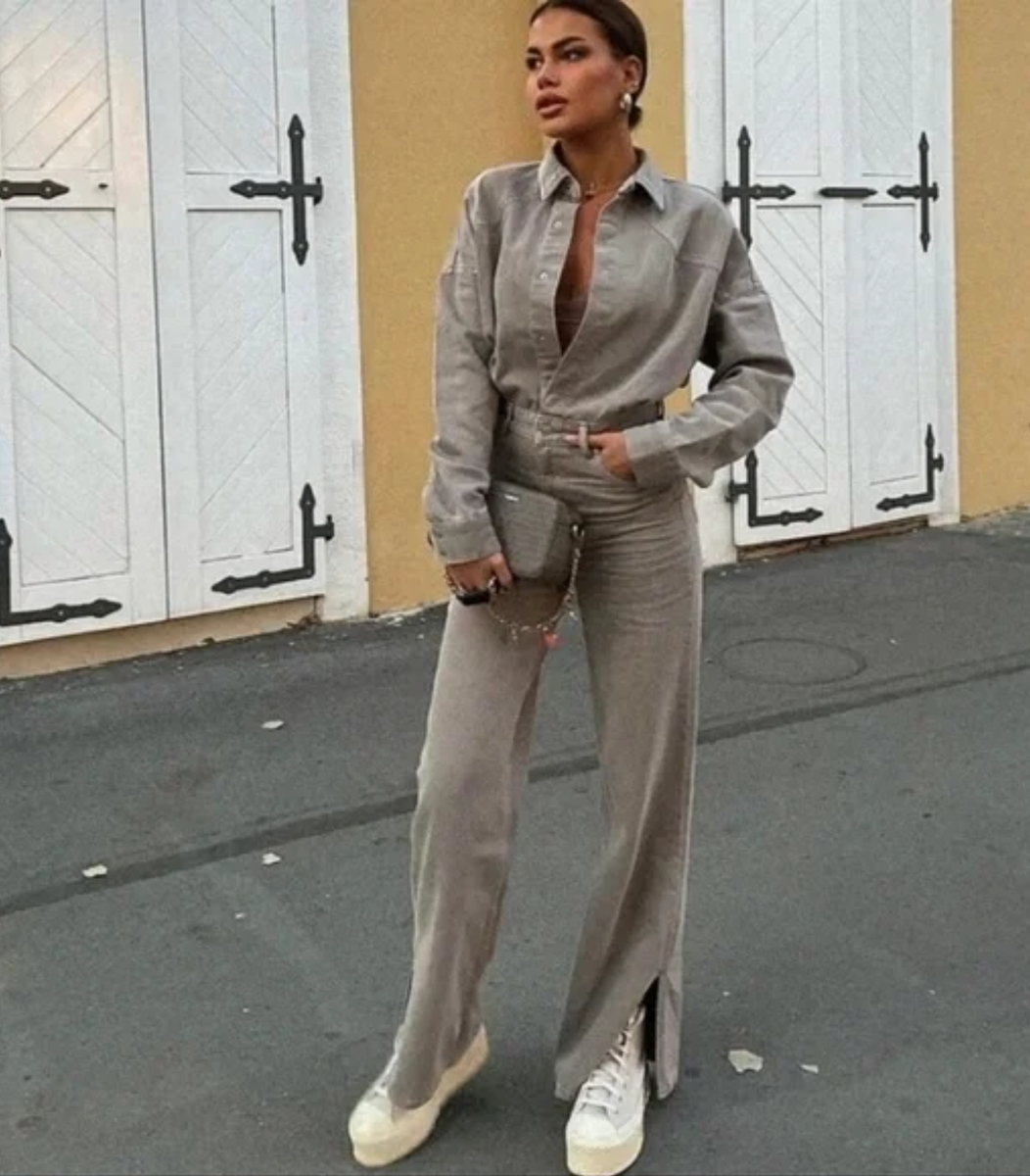 Zara TRF Long Denim Jumpsuit Romper Combat Utility Taupe Gray