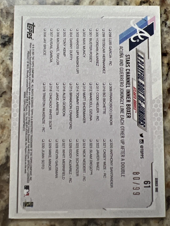 2021 Topps #61 Acuna / Guerrero Checklist Vintage Stock SSP /99 - Image 3 of 4